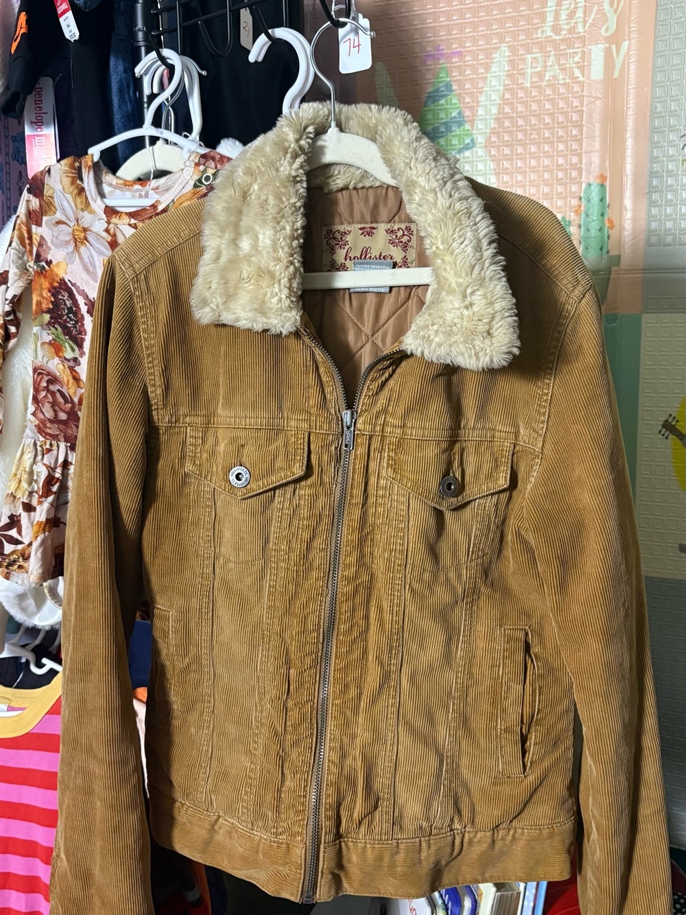 Hollister Men's Tan Corduroy Bomber Jacket with Sherpa Collar